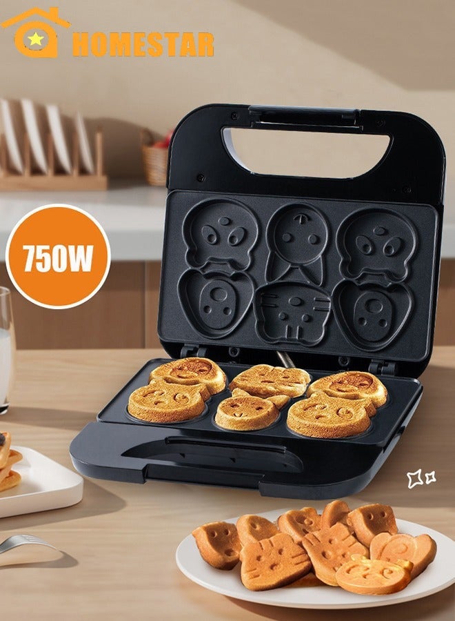 HOMESTAR Cake Maker, Electric Animal Mini Waffle Maker, Making 6 Different Cartoon Shaped Waffles And Cakes, Double Sided Heating Non Stick Board, 750W, Suitable For Baking, Breakfast, Kitchen, Black - Image 1